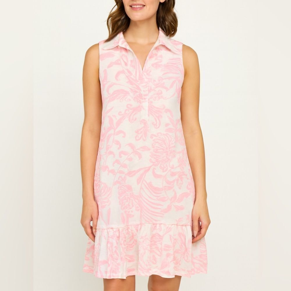 Lilly Pulitzer Pink Floral Sleeveless Dress Cotton Ruffle Hem Women’s XS